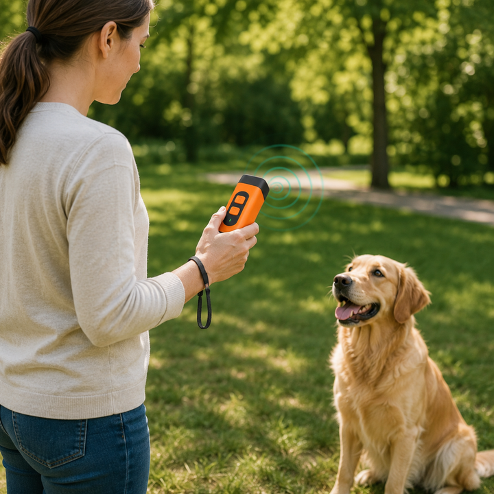 Compact ultrasonic dog training device for humane bark control. Rechargeable pet behavior aid for various breeds.