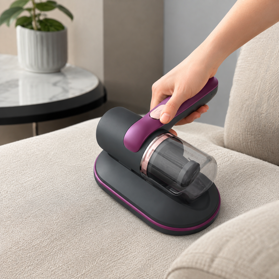 Powerful cordless handheld vacuum with UV light for deep cleaning mattresses, fabrics & upholstery. Home dust remover.
