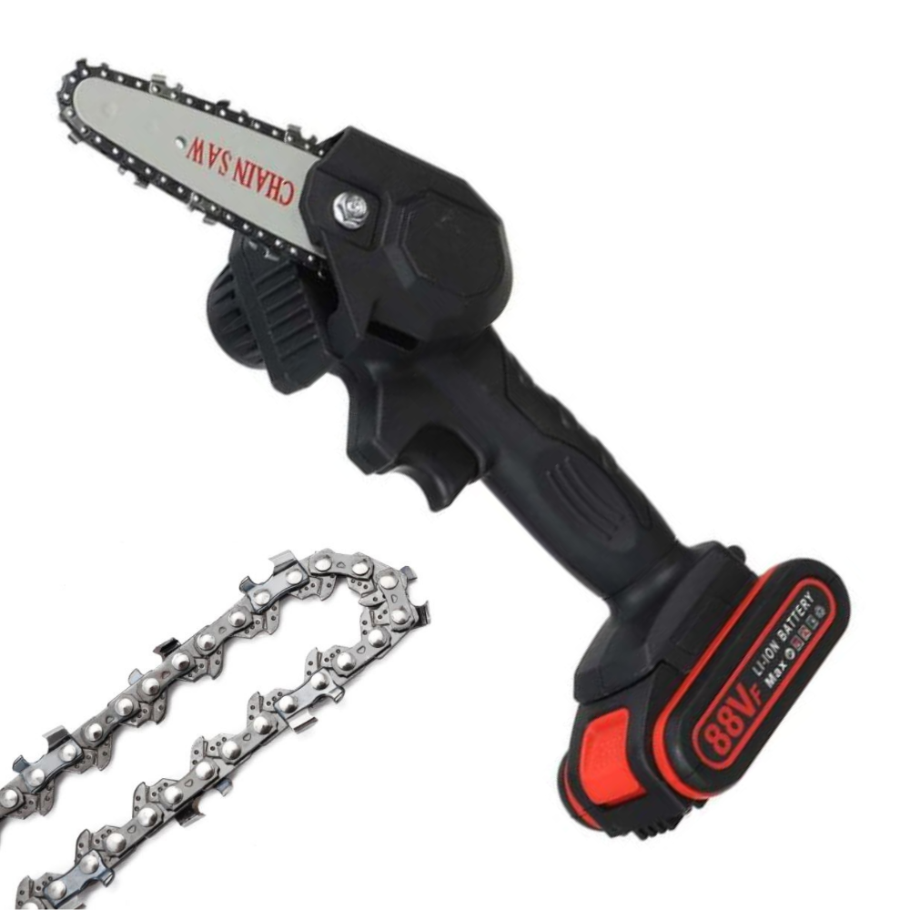 Mini electric chainsaw for quick pruning; powerful, portable outdoor garden tool.