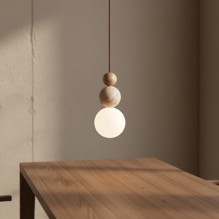 Modern WoodSphere pendant light: natural wood & travertine stone hanging lamp for stylish home decor & indoor lighting.