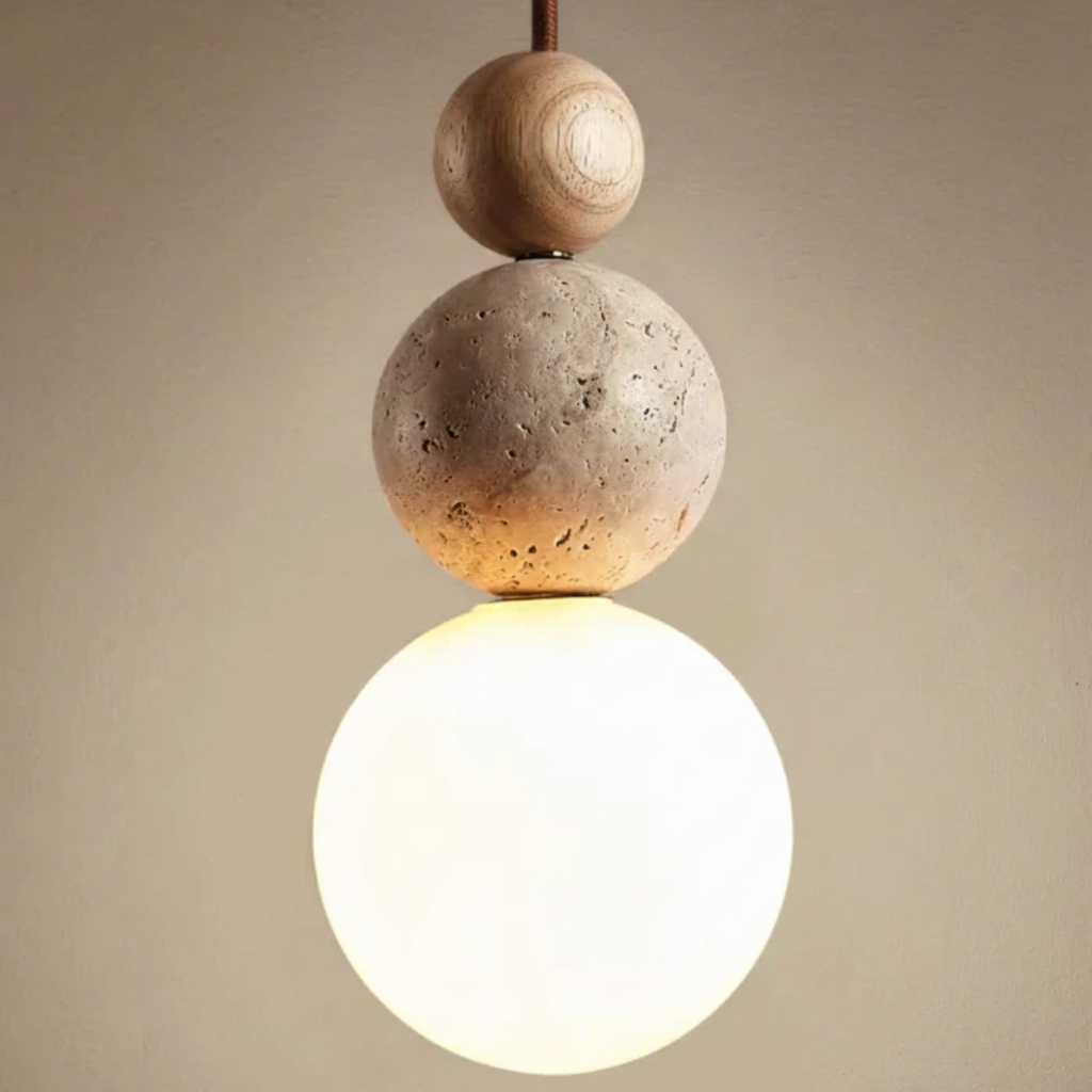 Elegant WoodSphere hanging lamp with natural wood & travertine, perfect modern lighting for ceiling & home decor.