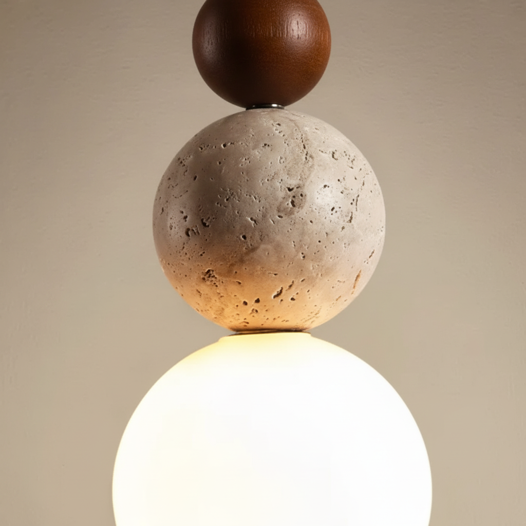 Hanging pendant light crafted from natural wood and travertine stone, WoodSphere design for modern indoor lighting.