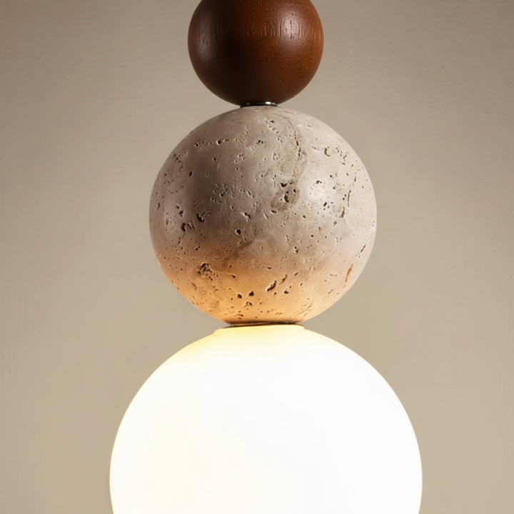 Hanging pendant light crafted from natural wood and travertine stone, WoodSphere design for modern indoor lighting.