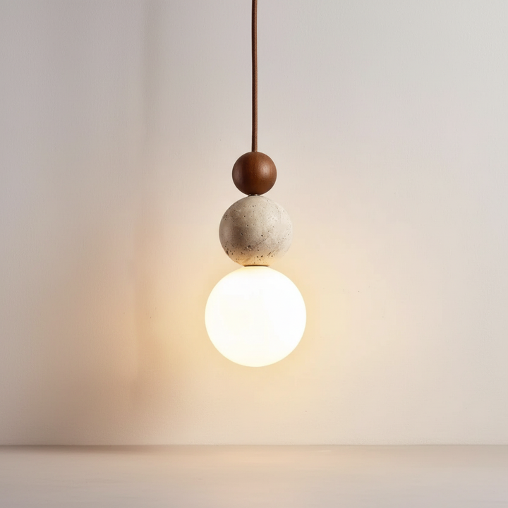 WoodSphere travertine & wood pendant light. Stylish hanging lamp, ideal for modern natural decor & ceiling lighting.