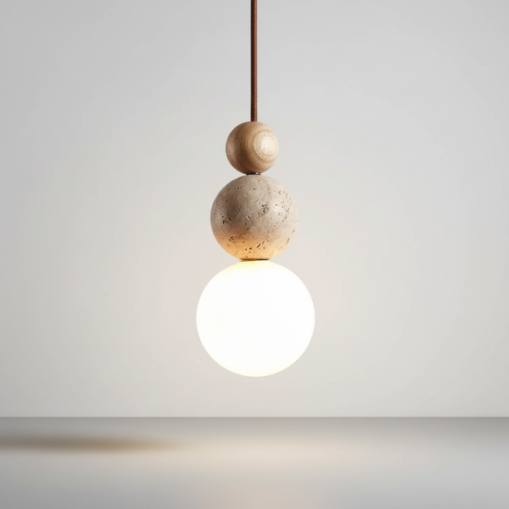 Beautiful WoodSphere hanging lamp featuring natural wood & travertine. Modern pendant light for indoor home decor.