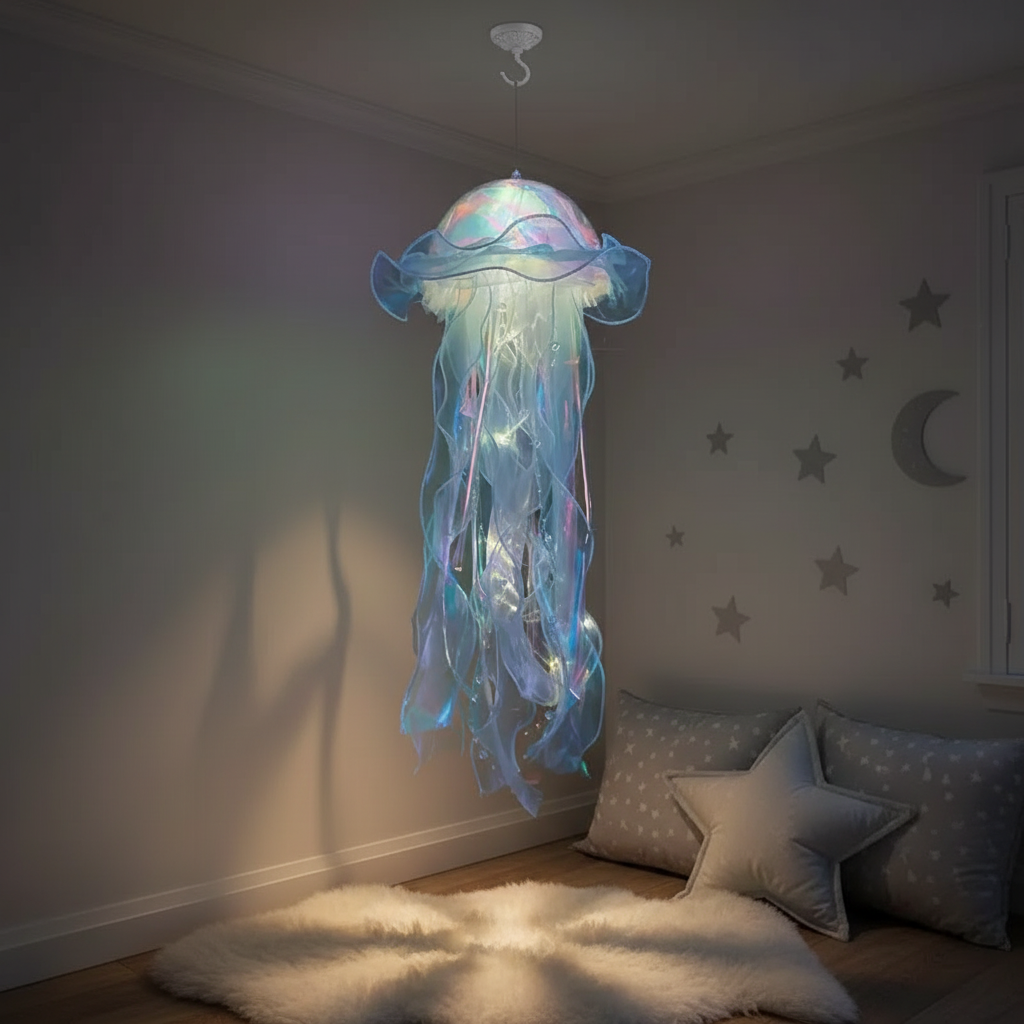Kids' enchanting hanging jellyfish lamp, a whimsical light for bedroom decor & imaginative play.