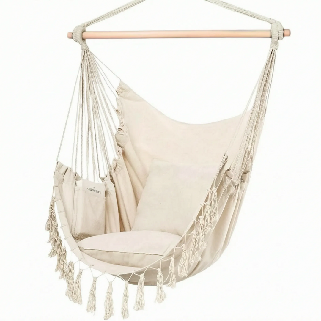Stylish outdoor hanging swing chair for backyard comfort, deck relaxation, or garden seating.