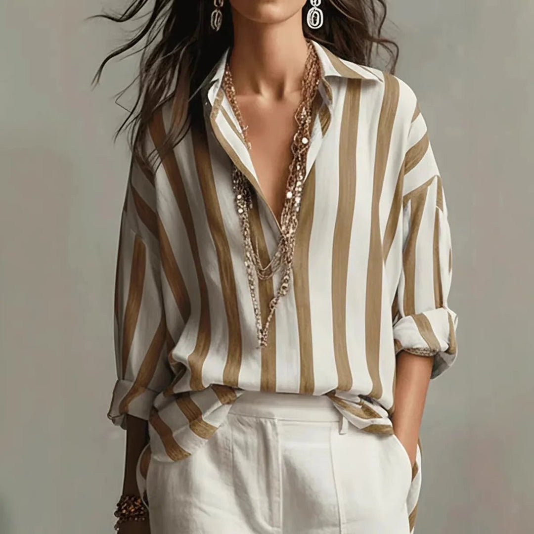 Chic women's long-sleeve striped blouse with open collar, ideal for versatile everyday fashion & office.
