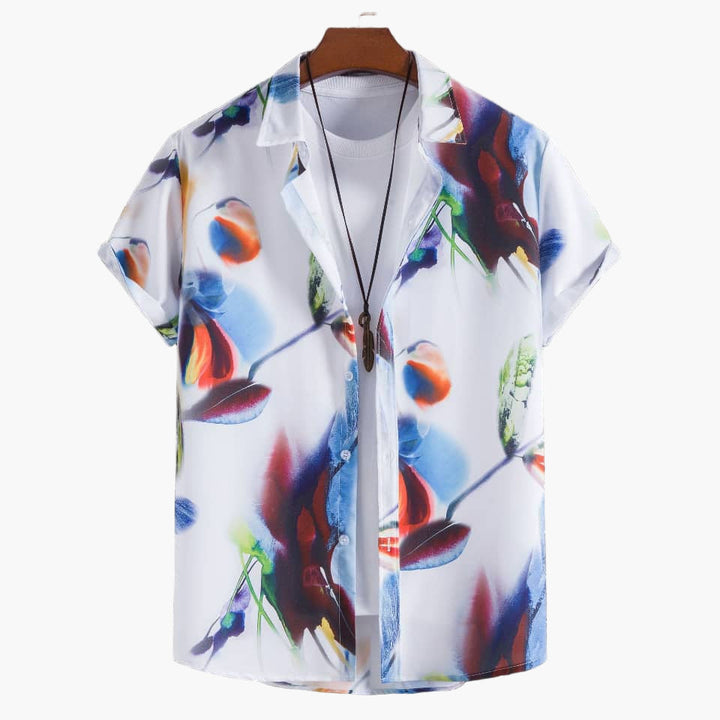 Men's vibrant sunburst print Hawaiian button-up shirt, perfect for summer beachwear & vacation.