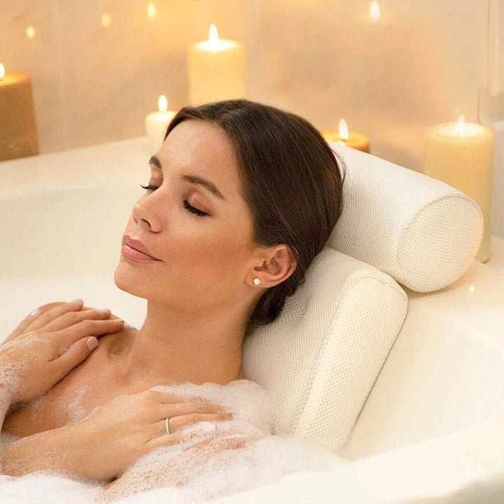 Ergonomic bath pillow for neck & back offers stress relief, enhancing ultimate relaxation in the tub.