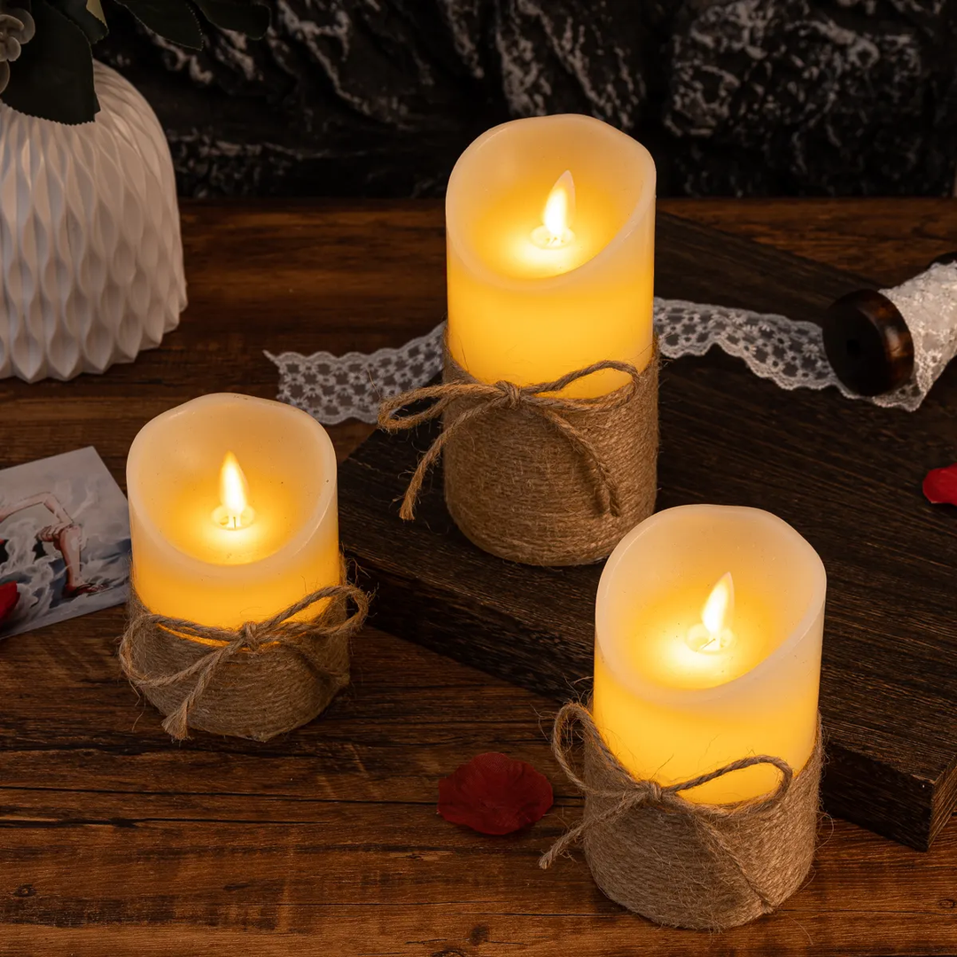 Cozy LED pillar candles, flameless and remote-operated, great for bedroom or living room decor.