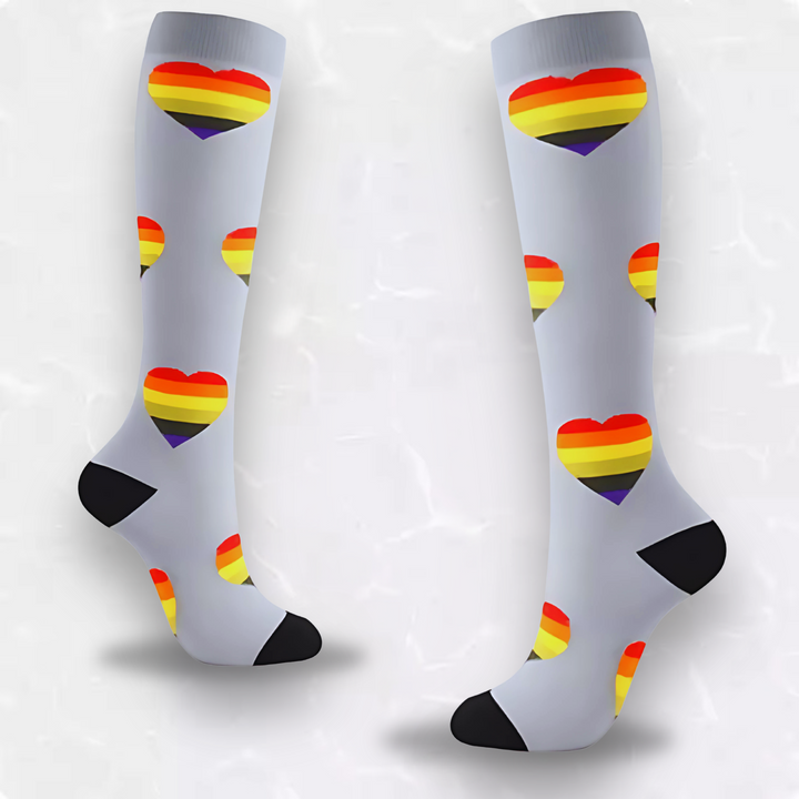Comfortable women's heart pattern compression socks, perfect for daily wear, travel & medical support.