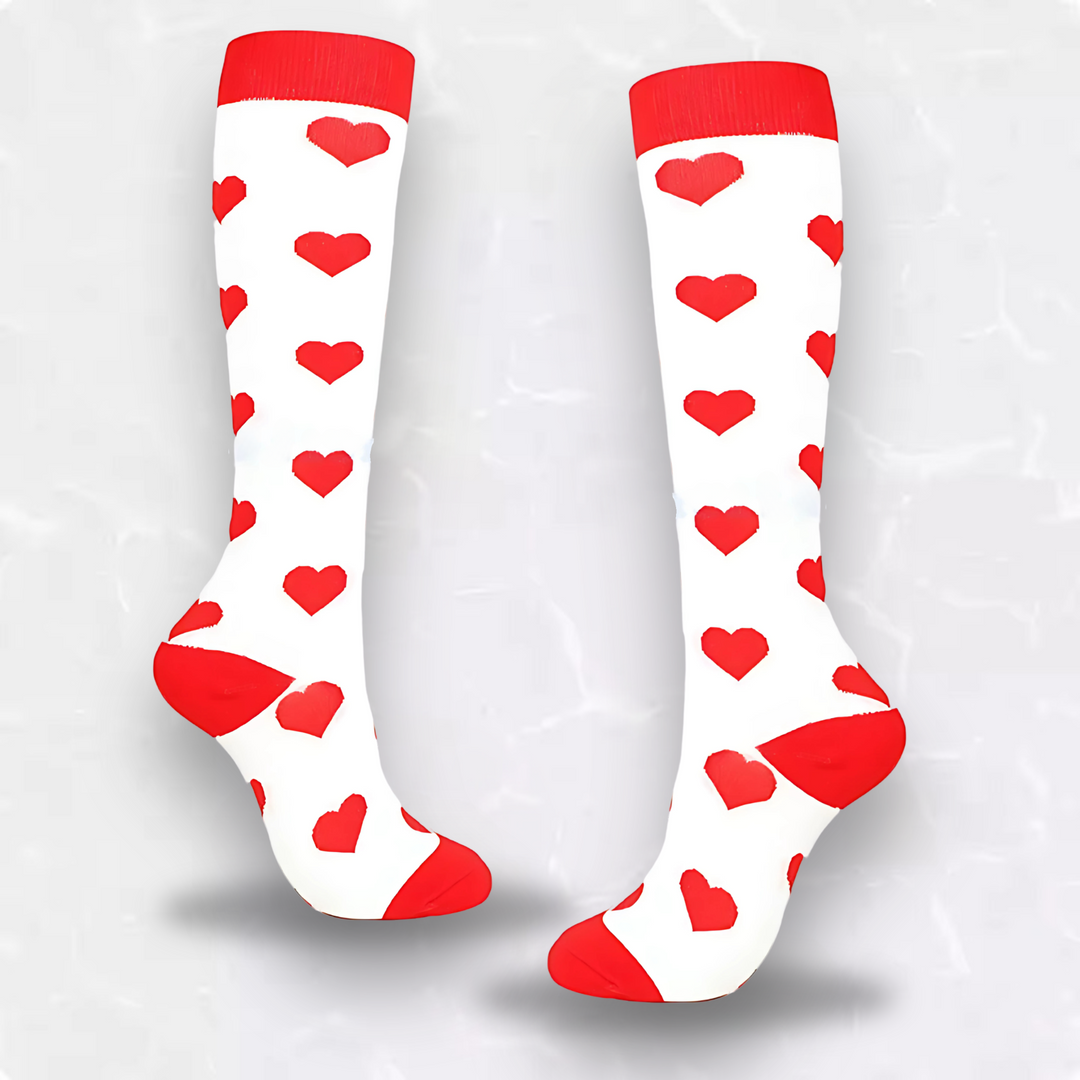 Nursing-friendly women's heart pattern compression socks, designed for circulation & long-lasting support.