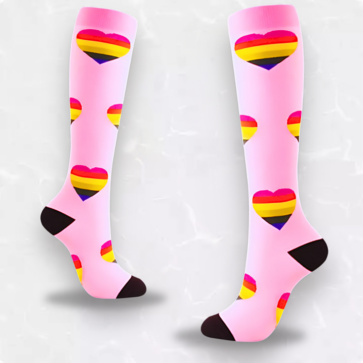 Stylish women's compression socks with heart pattern, providing leg support for activewear & nursing.