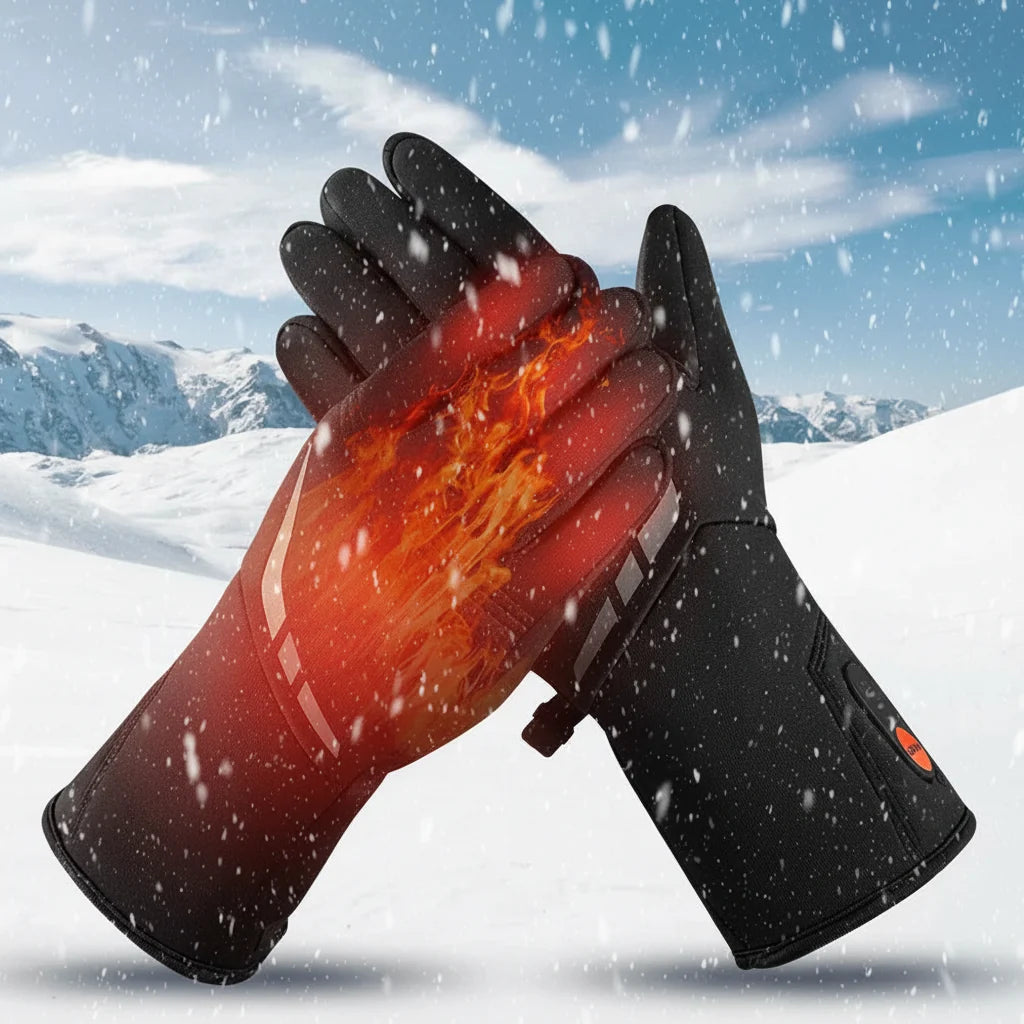 Durable heated cycling gloves, waterproof & windproof. Touchscreen ready, ideal for outdoor winter sports.