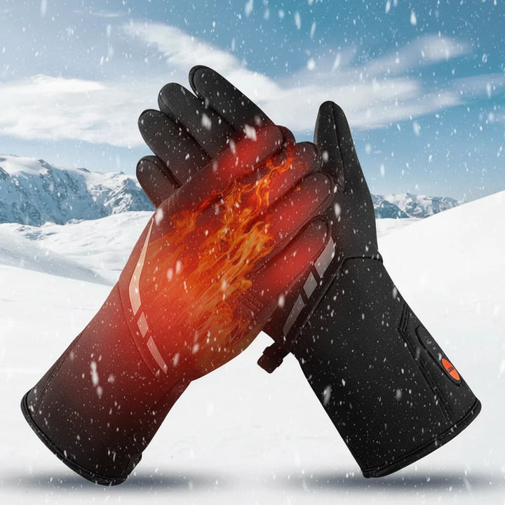 Durable heated cycling gloves, waterproof & windproof. Touchscreen ready, ideal for outdoor winter sports.