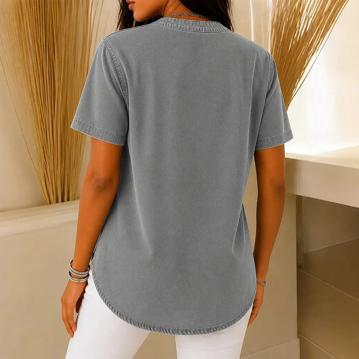 Comfortable women's Henley tunic shirt with side buttons, perfect for everyday casual fashion.