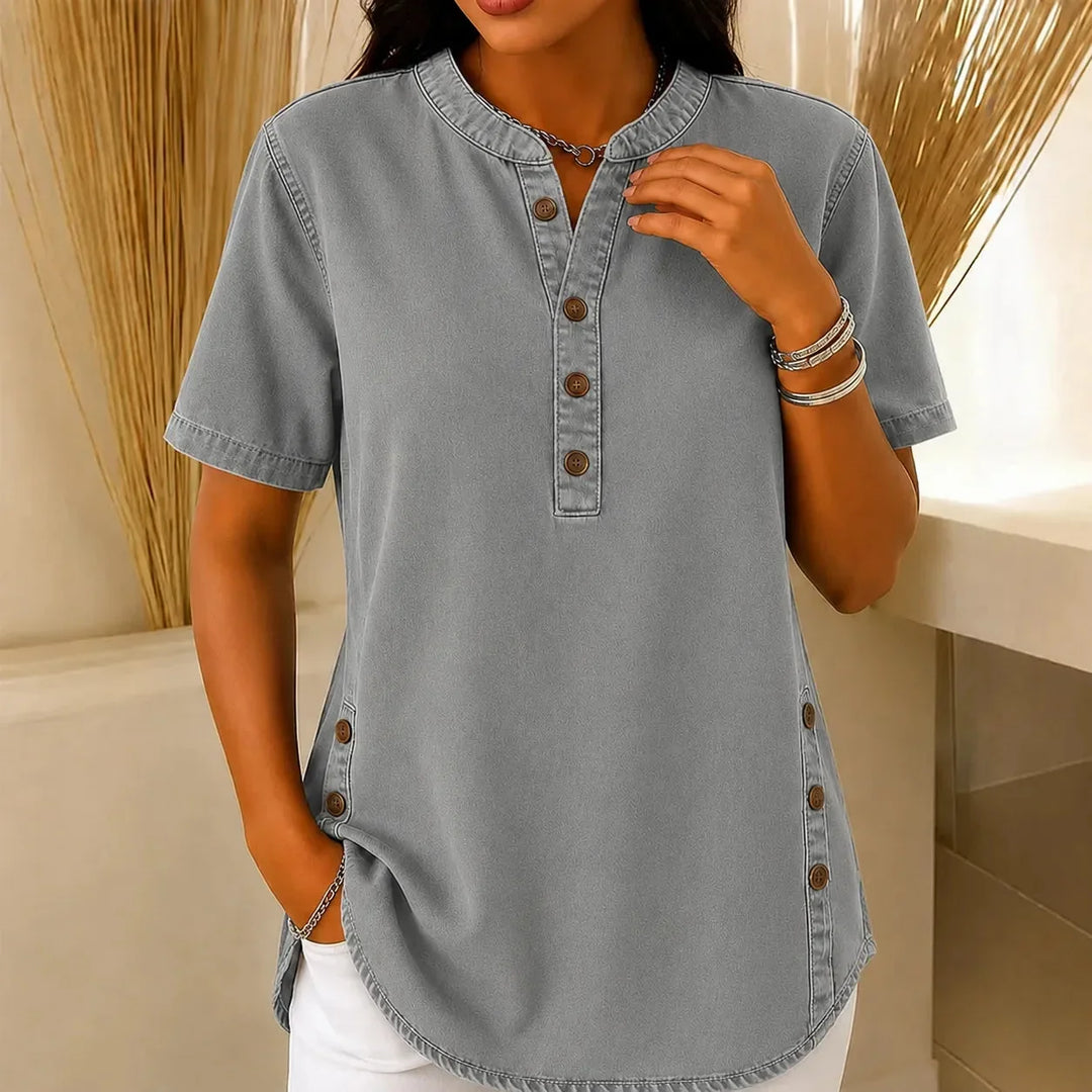 Women's Henley Tunic Top, short sleeve, relaxed fit, stylish side buttons for casual wear.