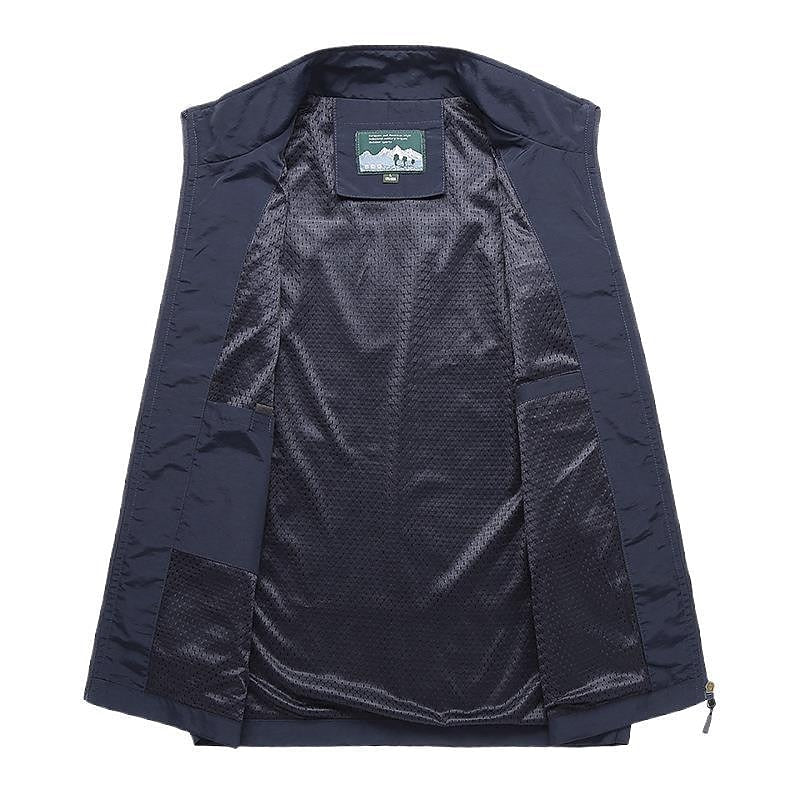Modern men's water-repellent utility gilet. Zip-up design with a stand collar, perfect for all-season layering.