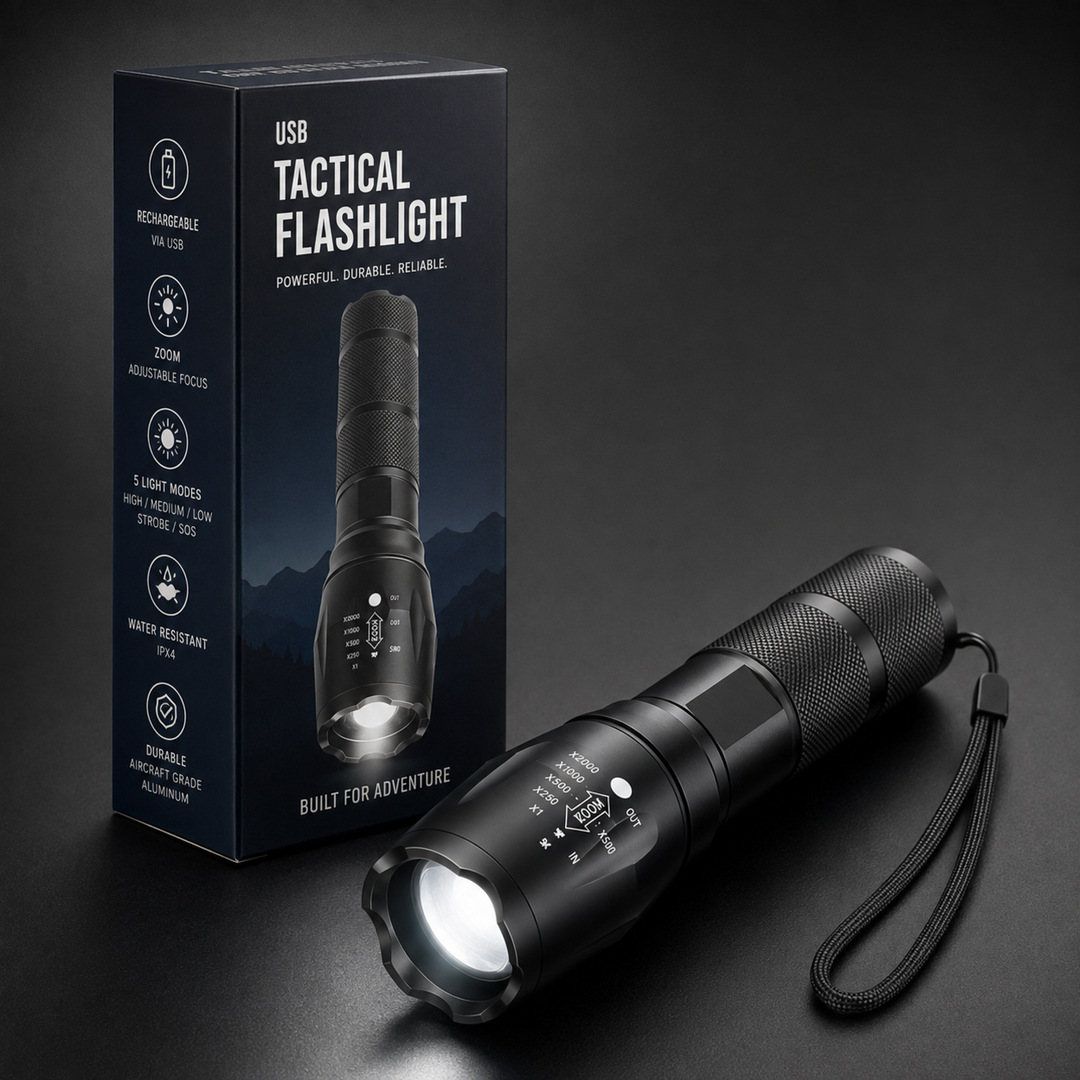 Rugged black tactical LED flashlight with powerful beam, waterproof design, perfect for camping & emergency kits.