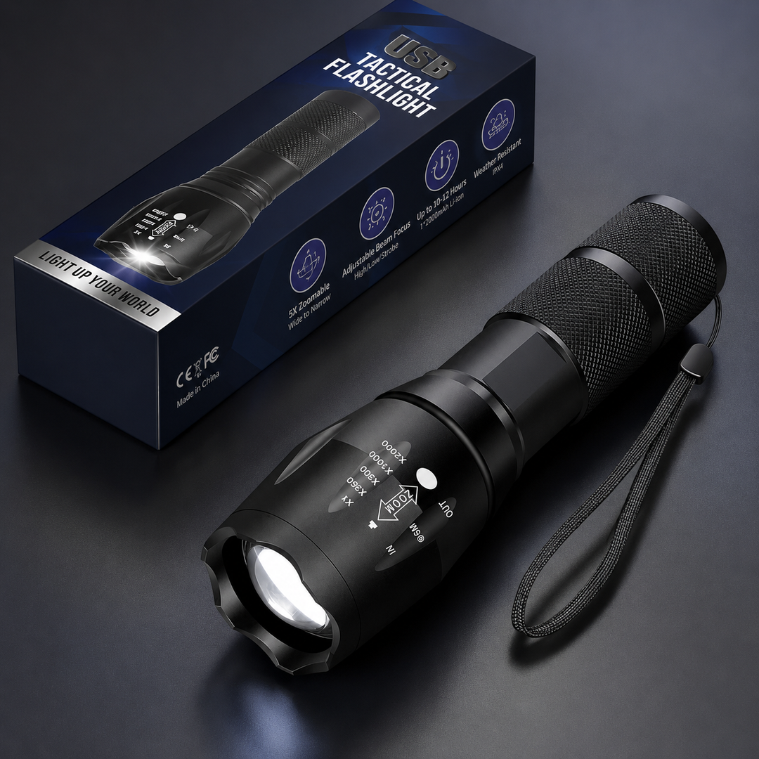 High power LED tactical flashlight, waterproof, multi-mode, ideal for outdoor survival & emergencies.