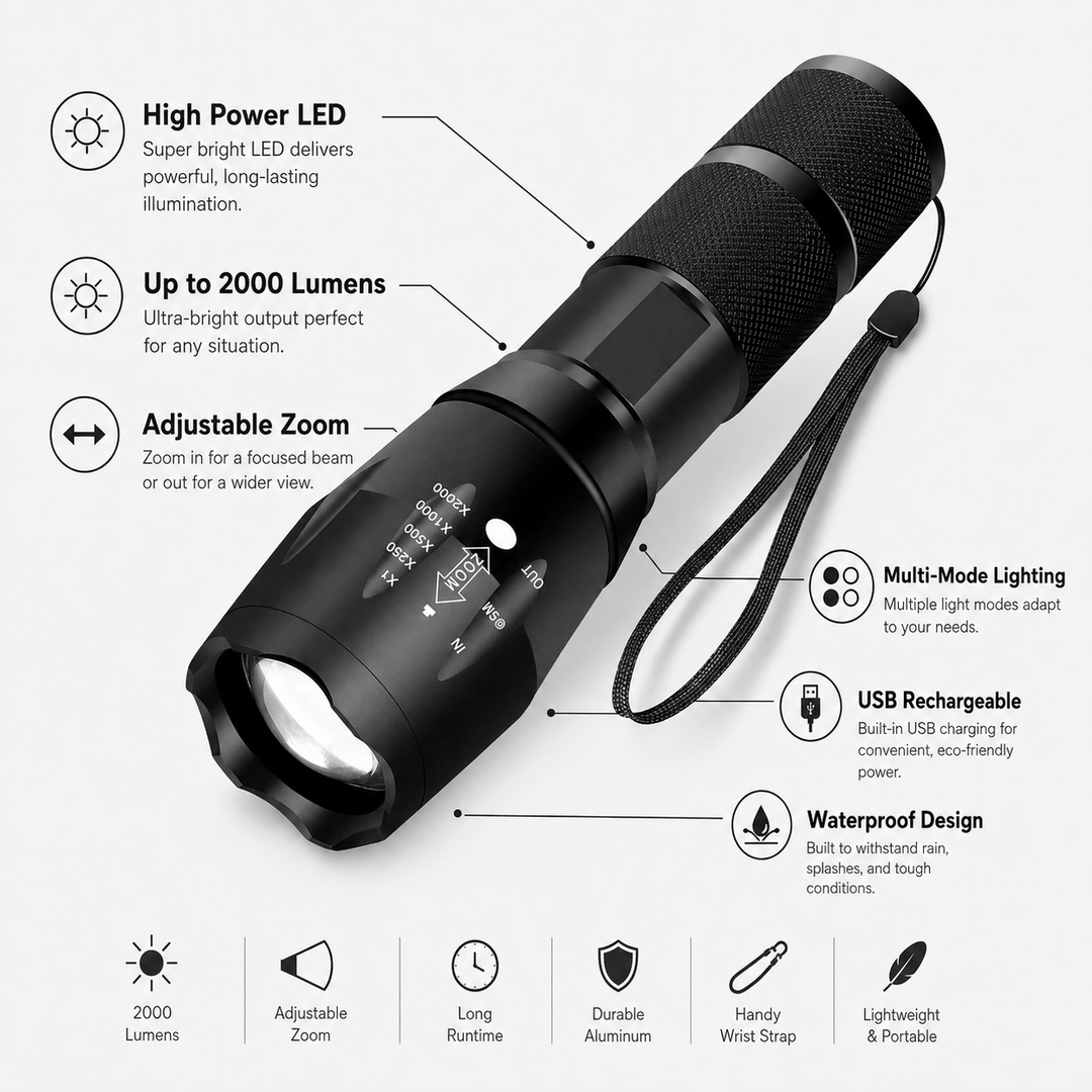 Bright, high power waterproof LED flashlight, an essential survival tool & emergency light for any situation.