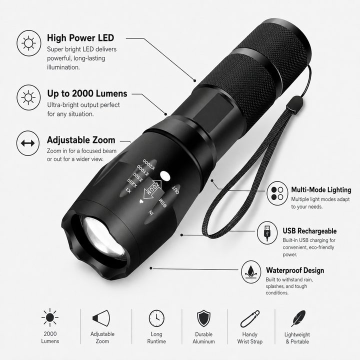 Bright, high power waterproof LED flashlight, an essential survival tool & emergency light for any situation.