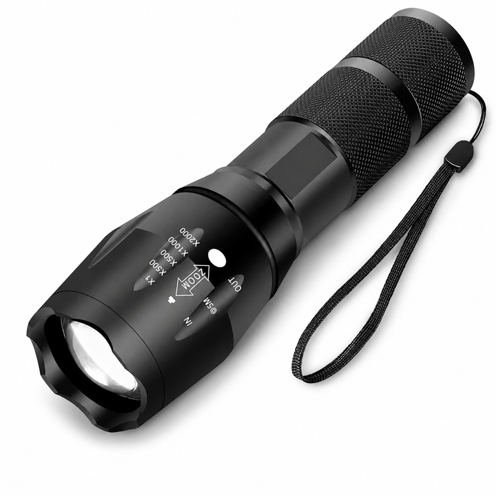 Durable, portable LED tactical flashlight for camping, hiking & outdoor gear, with zoom & multiple light modes.