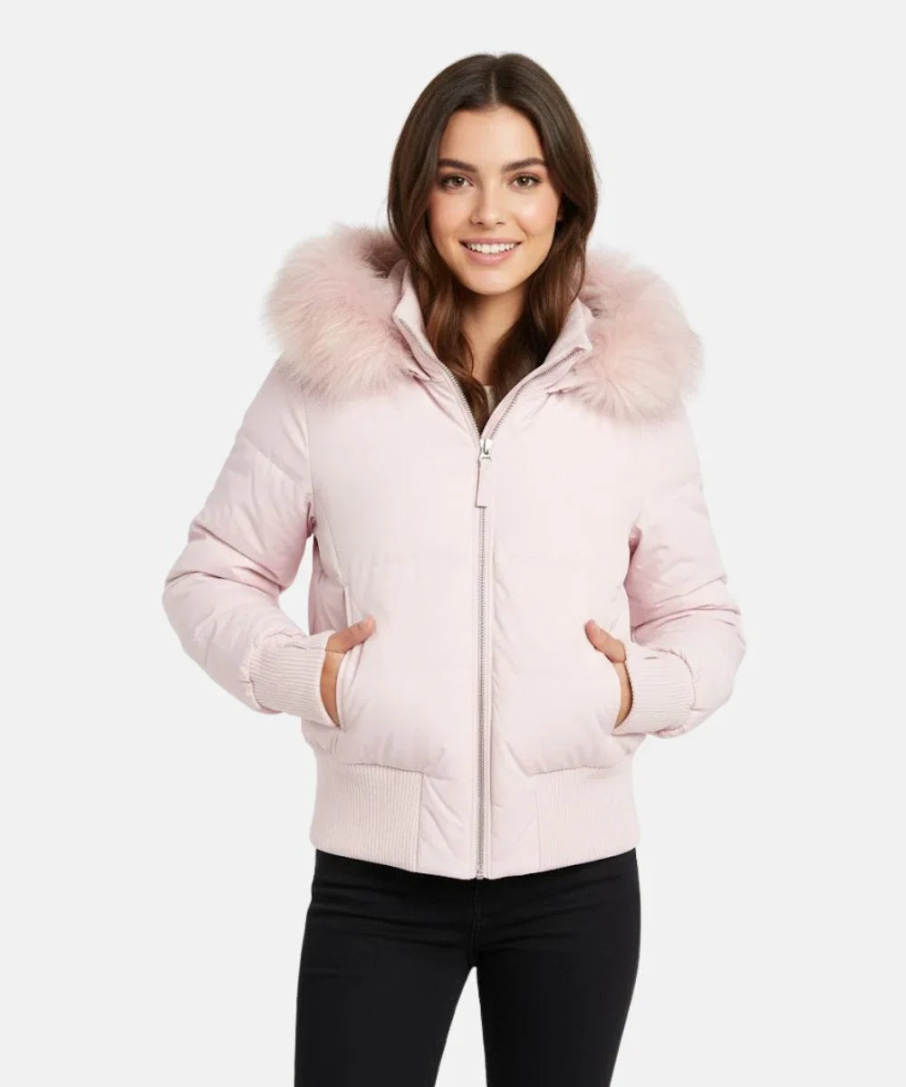 Women's long-sleeve winter puffer jacket with stylish hood for ultimate warmth.