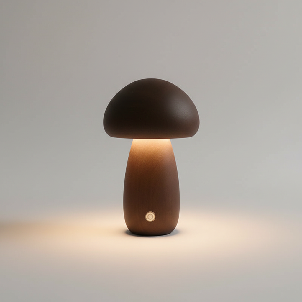 Simple touch control wooden mushroom lamp, a gentle night light for children's bedside comfort.