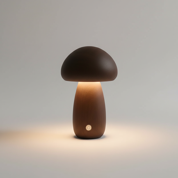 Simple touch control wooden mushroom lamp, a gentle night light for children's bedside comfort.