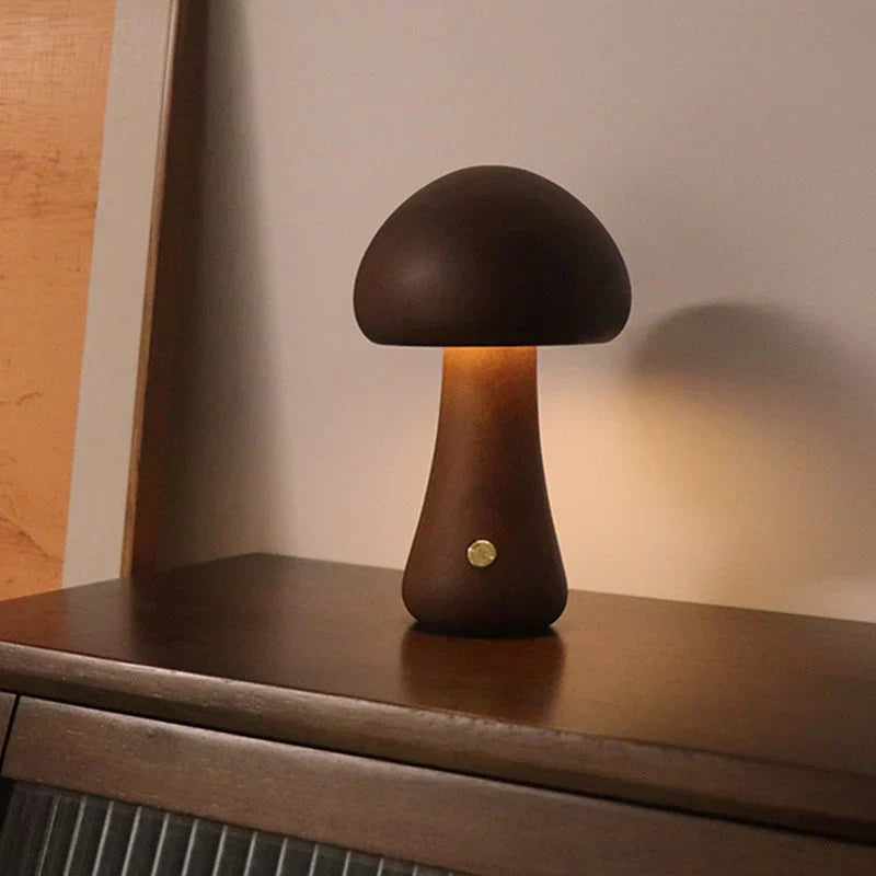 Charming natural wood mushroom light, an ideal piece of nursery decor for gentle ambient lighting.