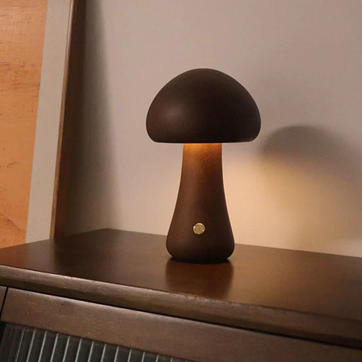 Charming natural wood mushroom light, an ideal piece of nursery decor for gentle ambient lighting.