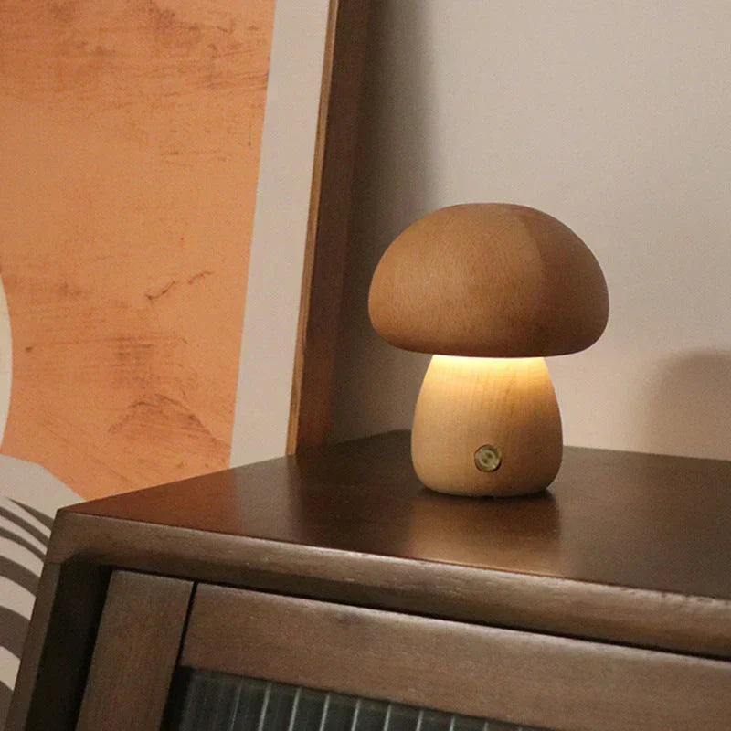 Kids' wooden mushroom night light illuminating a cozy children's room, a versatile touch lamp.
