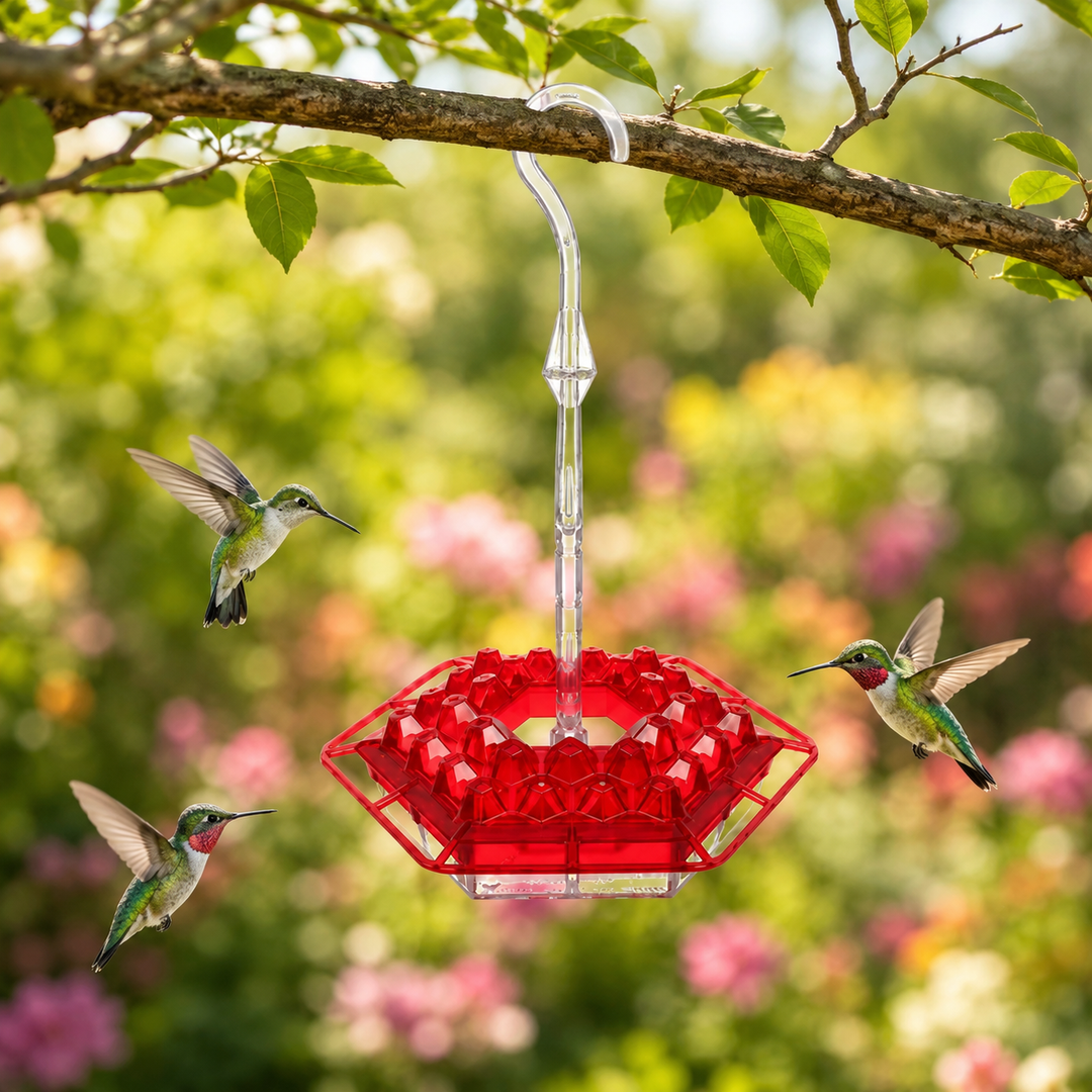 Outdoor hummingbird feeder with bee guard, perfect garden decor for attracting hummingbirds to your backyard.