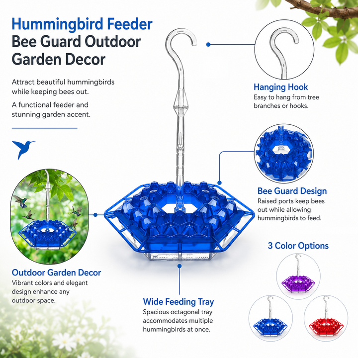 Decorative outdoor bird feeder with bee guard, ideal for garden decor and attracting hummingbirds to your home.