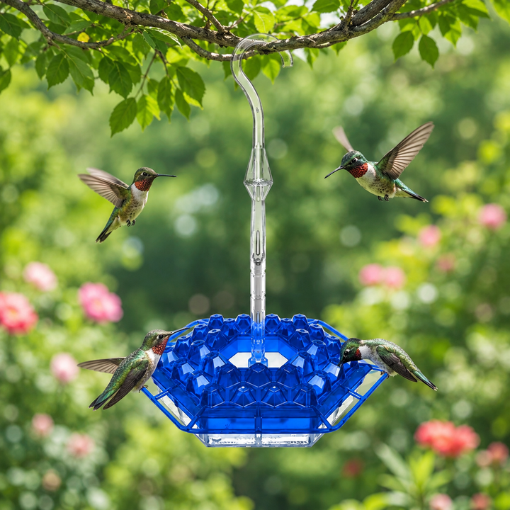 Beautiful hummingbird nectar feeder with bee guard, a great garden decor gift for nature lovers' backyard.
