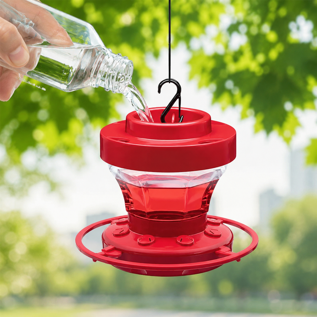 Red hanging hummingbird feeder for gardens, with easy-fill design, ant guard & bee-proof ports for nectar.