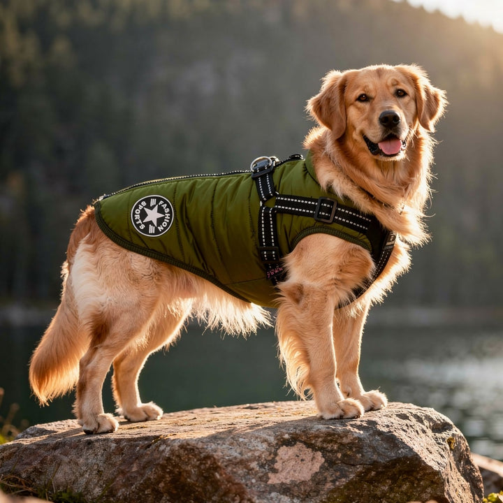 Unisex padded dog winter coat with integrated harness & reflective safety for cold weather walks.