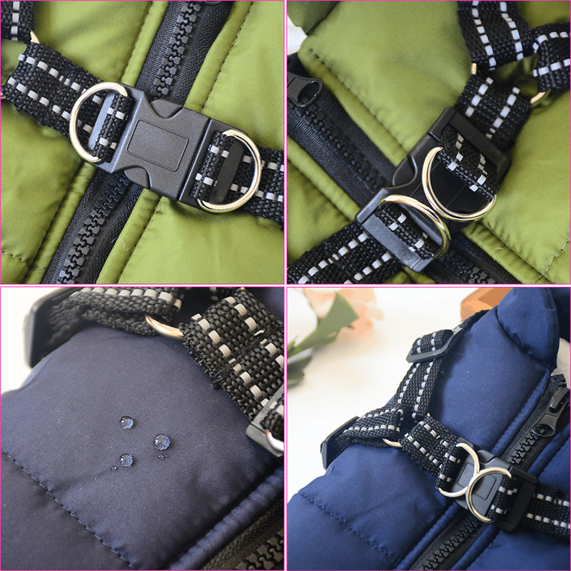 Warm padded dog winter jacket with built-in harness & reflective safety for ultimate cold weather protection.