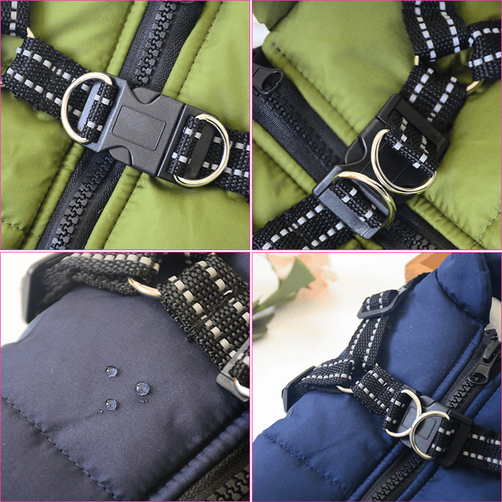 Warm padded dog winter jacket with built-in harness & reflective safety for ultimate cold weather protection.