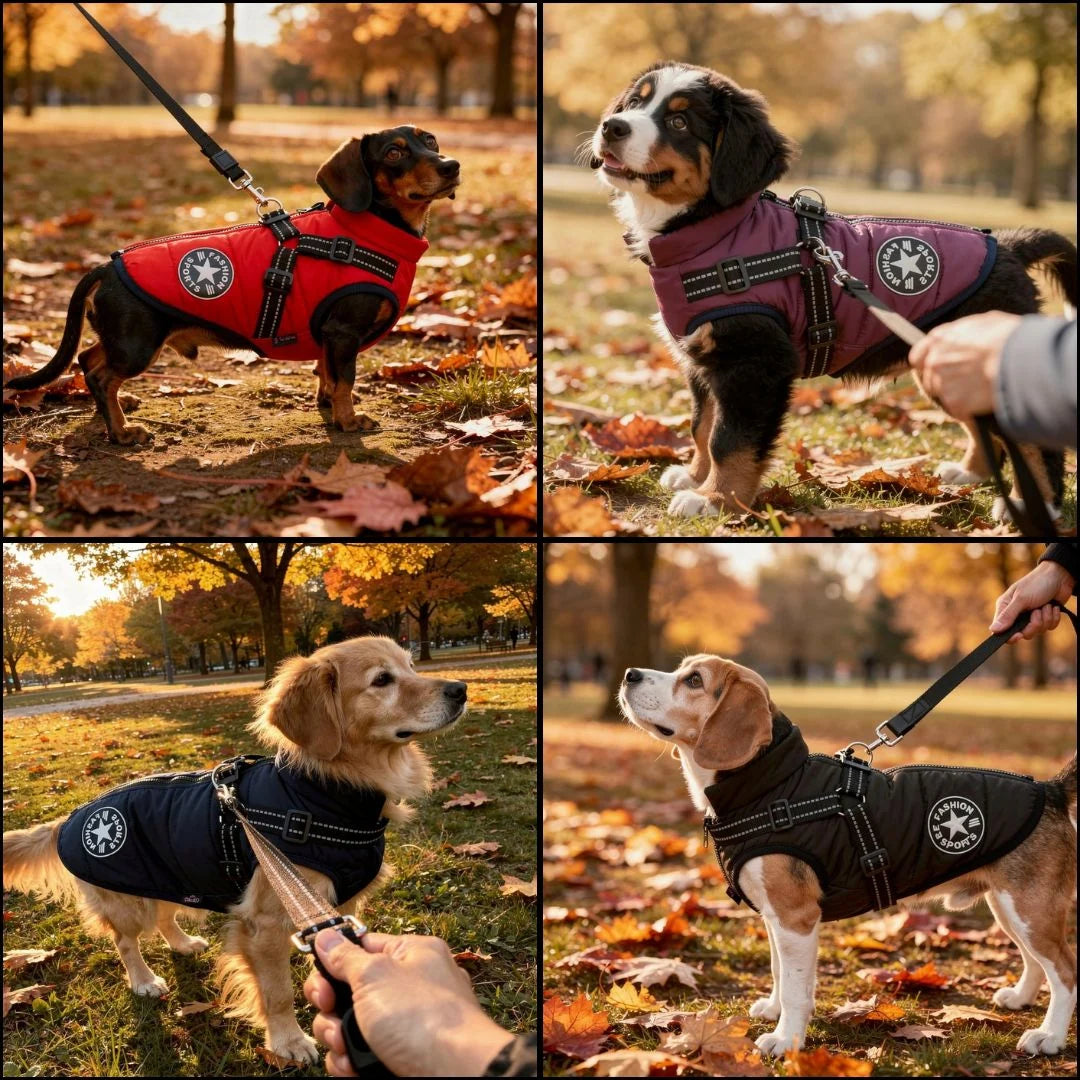 Reflective dog winter coat with integrated harness for enhanced safety & visibility during low light outdoor walks.
