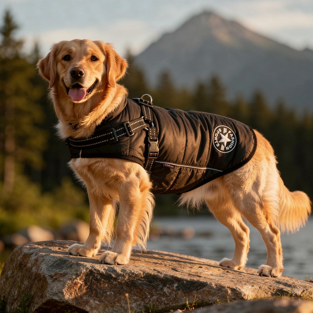 Adjustable padded dog winter coat and harness combo, perfect for comfortable and safe cold weather pet apparel.