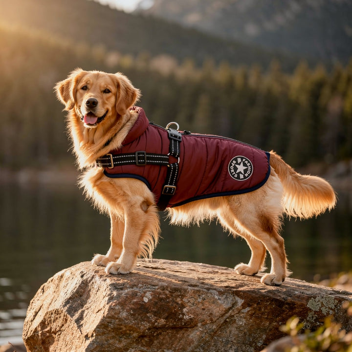 Happy dog wearing a reflective padded winter coat with integrated harness, enjoying a safe outdoor adventure.