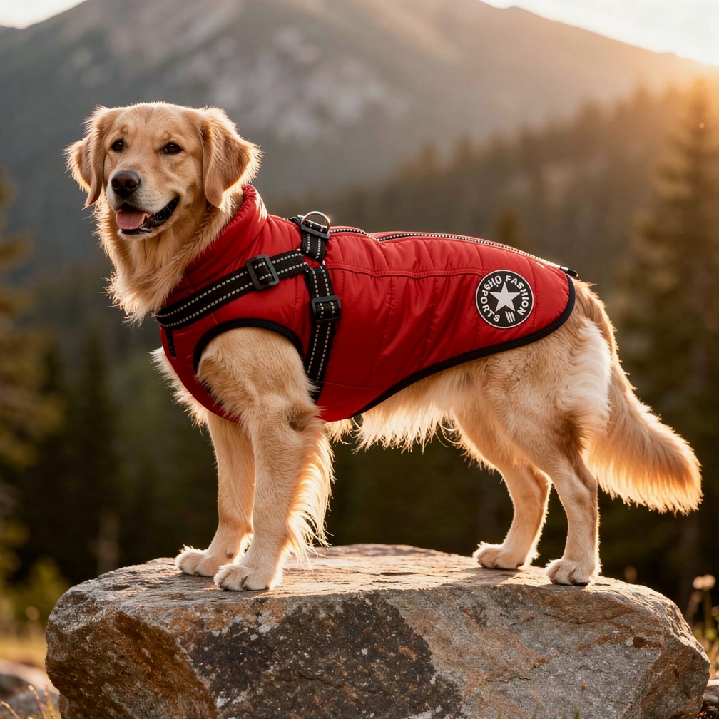 Keep your dog warm & safe with this padded winter coat, featuring an integrated harness & reflective design.