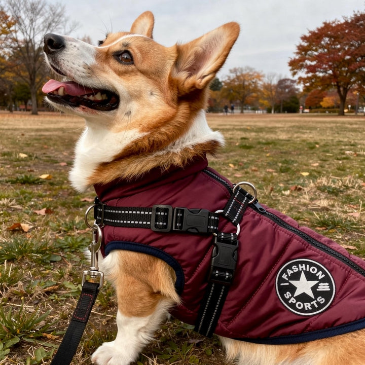 Unisex dog padded winter coat, warm and comfortable, with integrated reflective harness for safety and style.