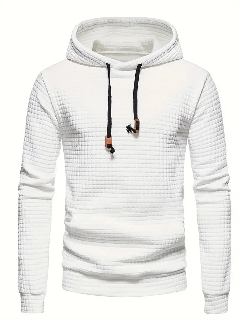 Fall essential men's long sleeve hooded fleece pullover sweater. Warm & comfortable knit design.