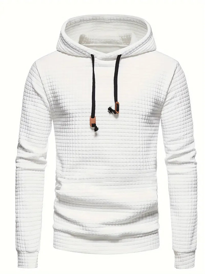 Fall essential men's long sleeve hooded fleece pullover sweater. Warm & comfortable knit design.