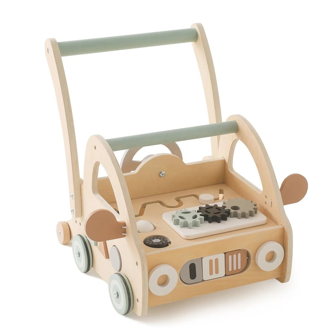 Developmental wooden push toy for toddlers, supporting first steps, active play & learning with Montessori mirrors.