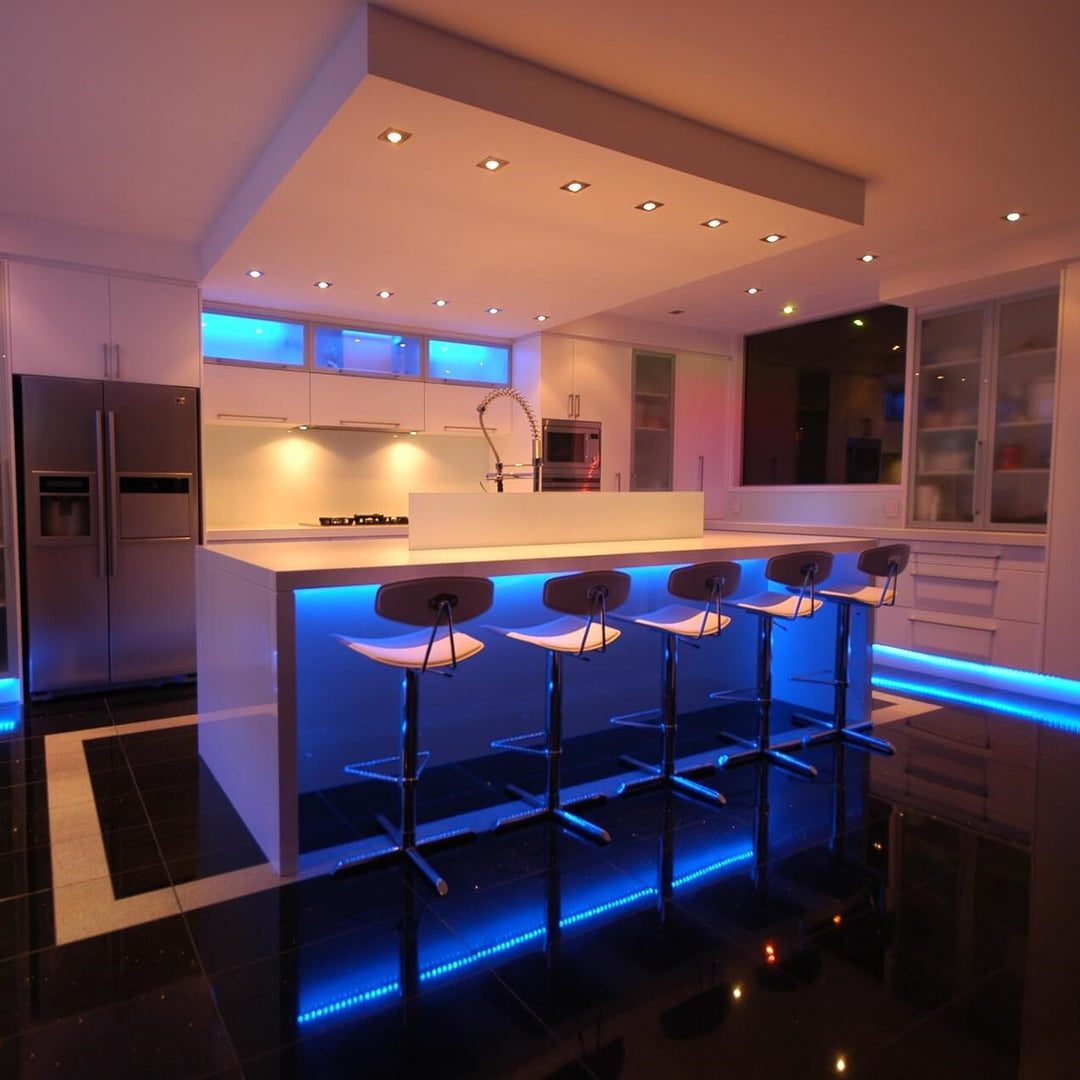 Accent lighting with flexible RGB LED strip. Color-changing, waterproof, remote-controlled smart light.